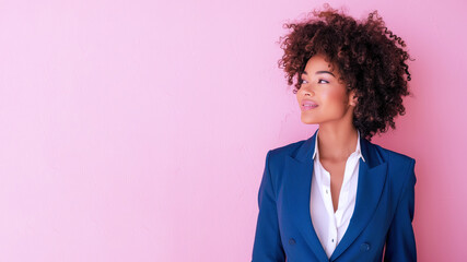 Afro businesswoman smile in formal white blue suit looking up side view