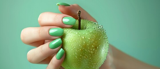 A model's hand with perfect manicure holds green apple. Easter, summer holidays nail design concept.  - obrazy, fototapety, plakaty