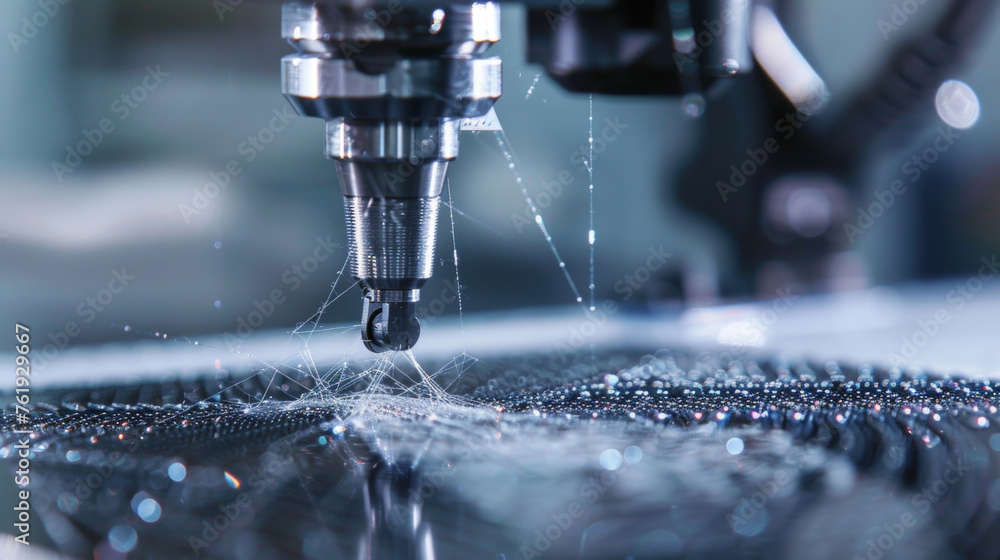 Poster a sewing machine creating stitches on a piece of fabric but instead of thread conductive thread is b
