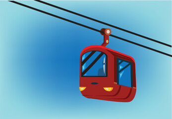 Red Cable car against a blue background. Editable Clip Art.