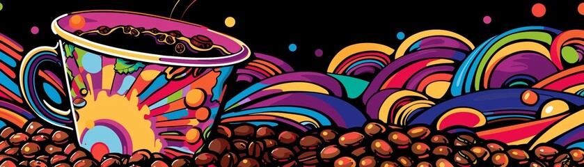 Psychedelic coffee beans and mug, in the style of minimalist line art, appropriation artist, funk art