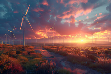 Wind power plant and technology. Smart grid. Renewable energy. Sustainable resources. - obrazy, fototapety, plakaty