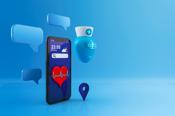 Chatbot concept in medicine. Development of artificial intelligence in clinics, hospitals and web applications. Smartphone with a nurse bot that responds with text chat. - obrazy, fototapety, plakaty