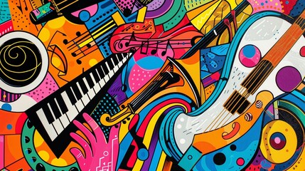 Psychedelic collage of musical instruments, in the style of minimalist line art, appropriation artist - obrazy, fototapety, plakaty