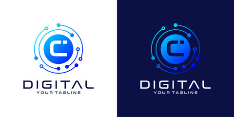 Letter C logo design template, Abstract point connection technology, digital, data and circle circuit technology