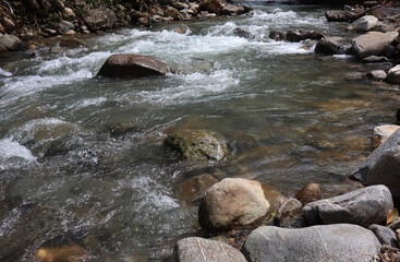Naklejka na ściany i meble Clear water flows in a river between the rocks