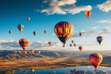 a group of hot air balloons are flying over a lake
