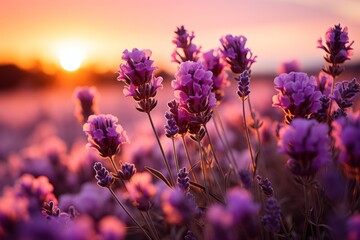 Lavender field under setting sun, purple flowers, natural landscape