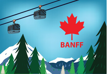 Banff National Park, Alberta Canada mountain ranges with cable car system concept. Editable Clip Art.