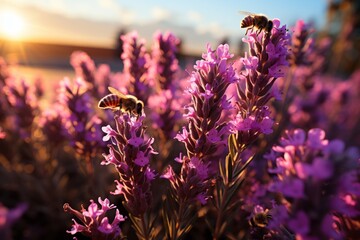 Bee on purple flower in field under sky, plant with violet petals - obrazy, fototapety, plakaty