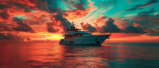 Private yacht at sea sunset