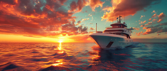 Private yacht at sea sunset - obrazy, fototapety, plakaty