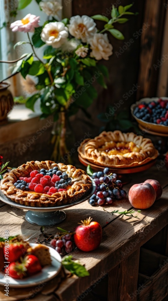 Poster a table with pies and fruit on it. generative ai.
