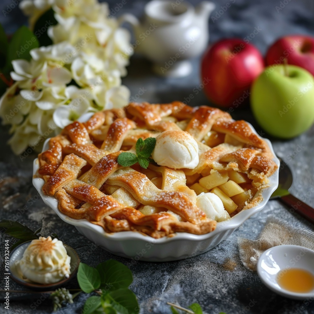 Poster a pie with apples and ice cream on a table. generative ai.