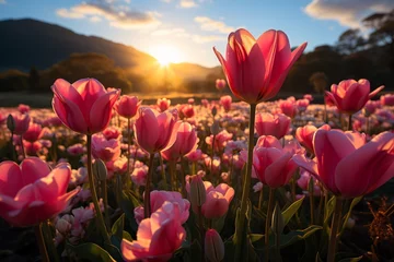 Tuinposter Pink tulips field under the sun, with mountains in the background © yuchen
