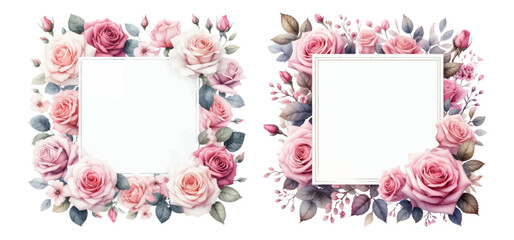 Pink rose frame watercolor illustration material set