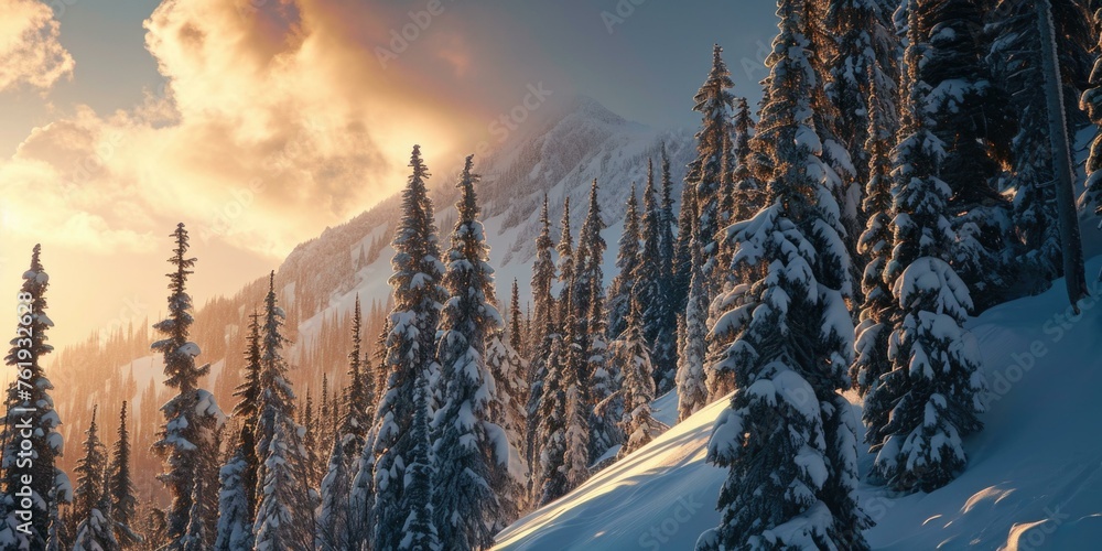 Poster a snowy mountain with trees and snow. generative ai.