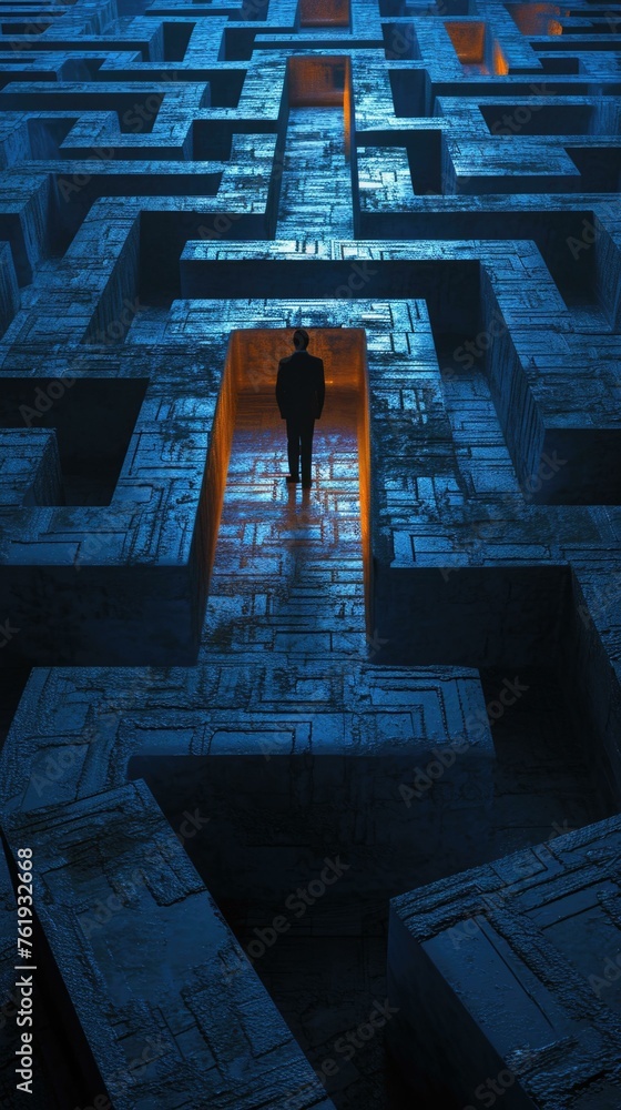 Poster a man standing in the middle of a maze. generative ai.