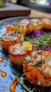 Sous Vide scallops with a squeeze of zesty lime and a sprinkling of chilli and coriander, garnished with fresh herbs and edible flowers. 