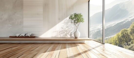 Minimalist room interior with wooden floor and decor on a large wall. White landscape visible through window.