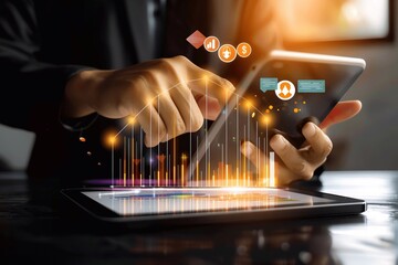 Businessman analyzing sales data with tablet and economic growth graph.