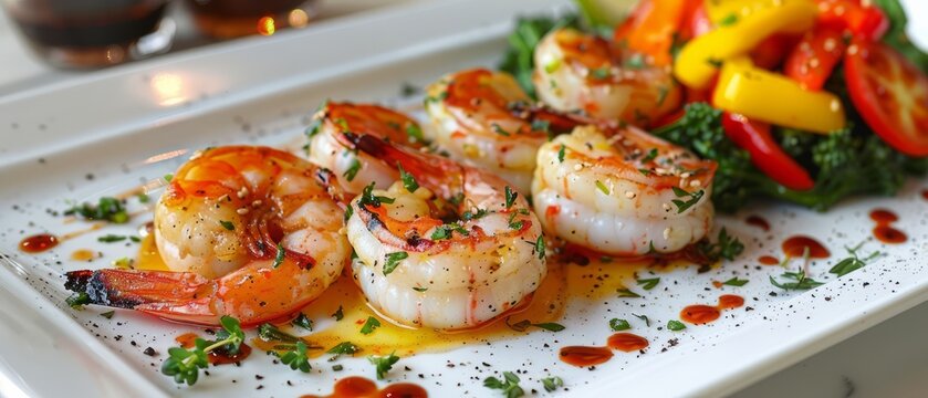 Seared prawns/shrimps in spicy sauce and grilled vegetables. 