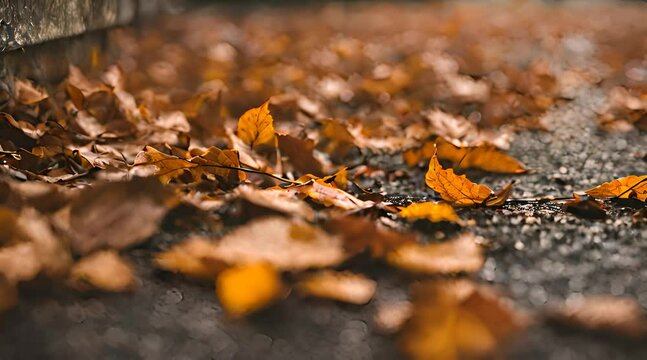 rainy autumn weather with leaves in warm colors on the ground