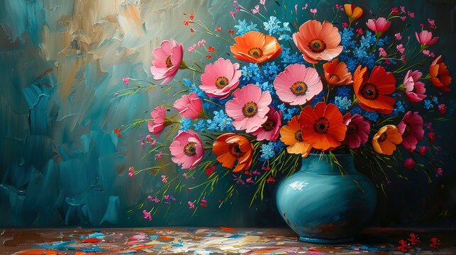 Oil painting flowers on canvas. Colorful floral background
