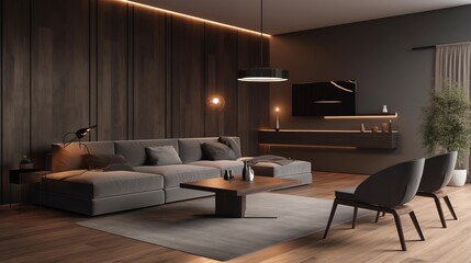 photograph of a modern living room with dark gray and light gray furniture with some wood panels on the wall