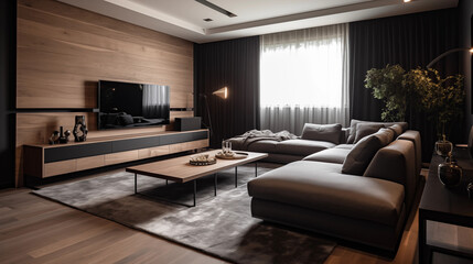 Fototapeta na wymiar photograph of a modern living room with dark gray and light gray furniture with some wood panels on the wall