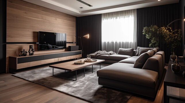 photograph of a modern living room with dark gray and light gray furniture with some wood panels on the wall