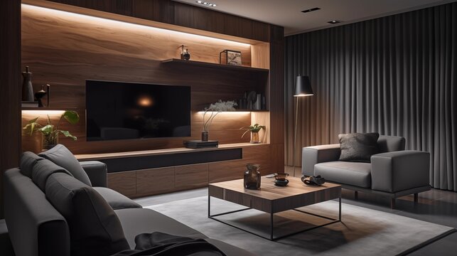 photograph of a modern living room with dark gray and light gray furniture with some wood panels on the wall