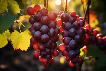 Seedless grapes growing on vine with leaves, natural superfood fruit