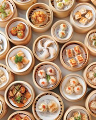 Variety of Dim Sum in bamboo steamers