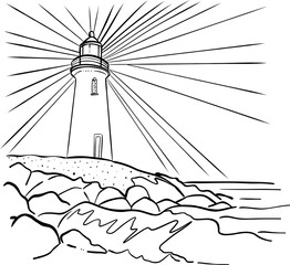 White-background illustration of a lighthouse tower guiding ships at sea - 761935866