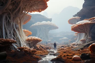 Foto op Aluminium Man in cave with mushrooms, surrounded by natural landscape and sky © yuchen