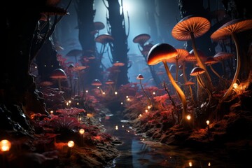 a forest filled with lots of mushrooms and candles