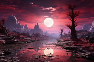 A full moon shines in the sky above a river in a picturesque natural landscape - Powered by Adobe