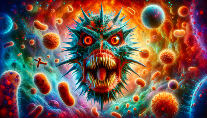 A surreal portrayal of a monstrous viral entity with glaring eyes amidst vibrant, menacing microorganisms... - obrazy, fototapety, plakaty