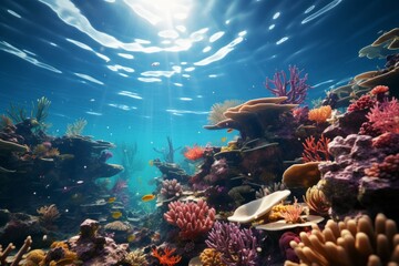 Sunlight illuminates coral reef underwater, creating a mesmerizing spectacle