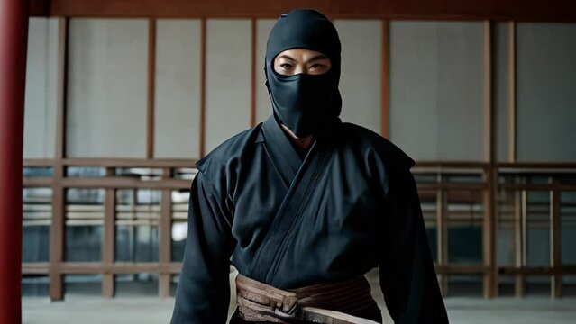 A ninja clad in traditional black garb standing against the backdrop of a Japanese temple.
