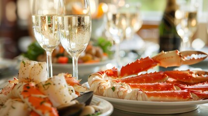 A fancy dinner table elegantly set with glistening shellfish like decadent king crab legs and plump sea scallops accompanied by chilled glasses of crisp refreshing champagne.
