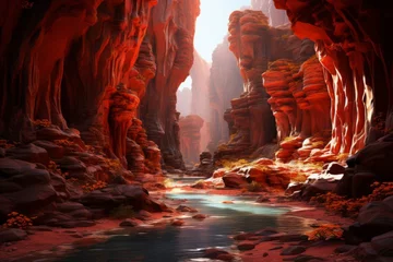 Gordijnen Water flowing through red rock canyon, a stunning natural landscape painting © yuchen