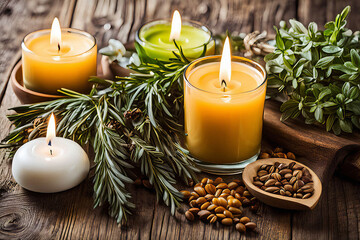 Scented Candles, Herbs, and Flowers on Wooden Table 