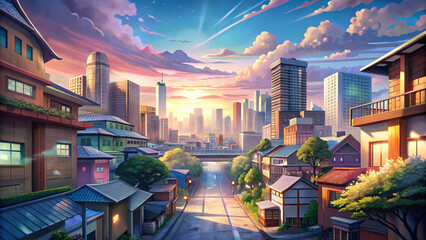 A bustling cityscape with skyscrapers, highways, and streets illuminated by the vibrant glow of city lights under a twilight sky in anime style