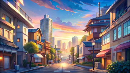 A bustling cityscape with skyscrapers, highways, and streets illuminated by the vibrant glow of city lights under a twilight sky in anime style - obrazy, fototapety, plakaty