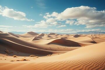 Fototapeta na wymiar A natural landscape of sand dunes under a blue sky with fluffy cumulus clouds