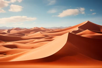 Schilderijen op glas A desert landscape with sand dunes, mountains, and a vibrant sky © yuchen