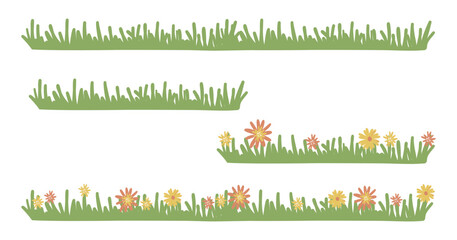 Set of grass and flowers. Collection of simple nature landscape borders. Cartoon kids style. Hand drawing vector illustration isolated on white background  - obrazy, fototapety, plakaty