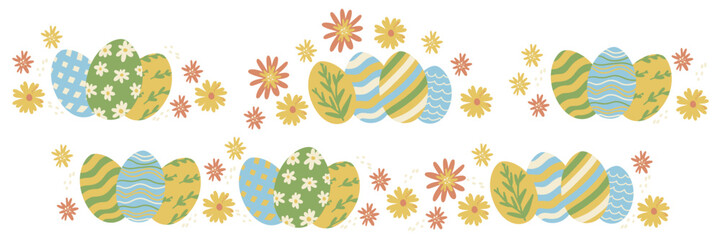 Set of Easter Egg Floral Border. Different Painted Easter Eggs with Flowers Collection. Cute Colorful Elements. Vector Illustration. Hand Drawn Childish Cartoon Style. Isolated on White Background